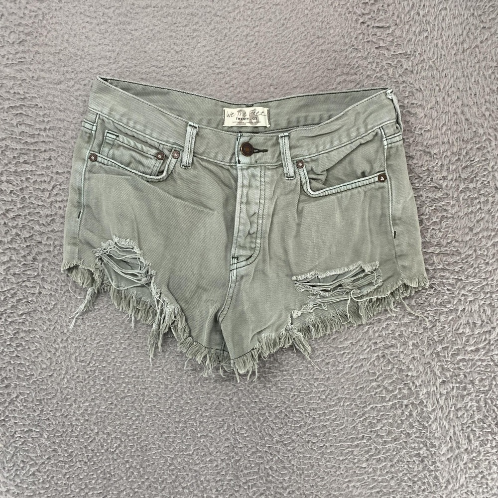 We The Free Shorts Womens‎ 26 Green Denim Cutoff Distressed Frayed Hem Summer